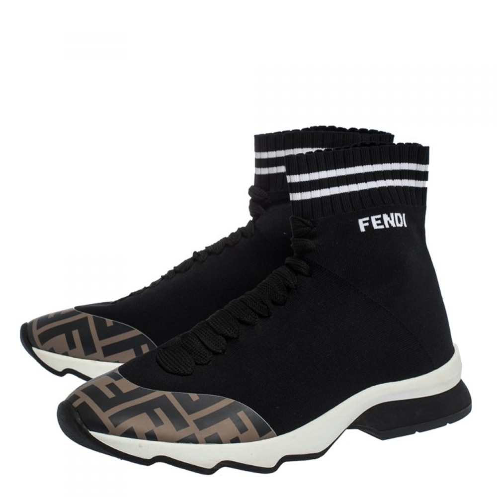 Fendi Black Zucca Fabric Kintted & Leather Sock Sneakers